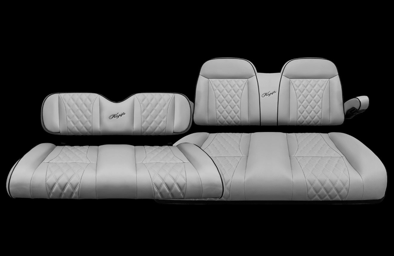 KOZIP AERIS FRONT/FRONT AND REAR SEAT 4 SEATER CUSHION SET FOR CLUB PRECEDENT/TEMPO/ONWARD – GRAY BASE WITH BLACK PIPING – GRAY CROSS STITCH FOR CLUB CAR PRECEDENT (2004-2018) / CLUB CAR TEMPO (2018-UP) / CLUB CAR ONWARD (2017-UP)
