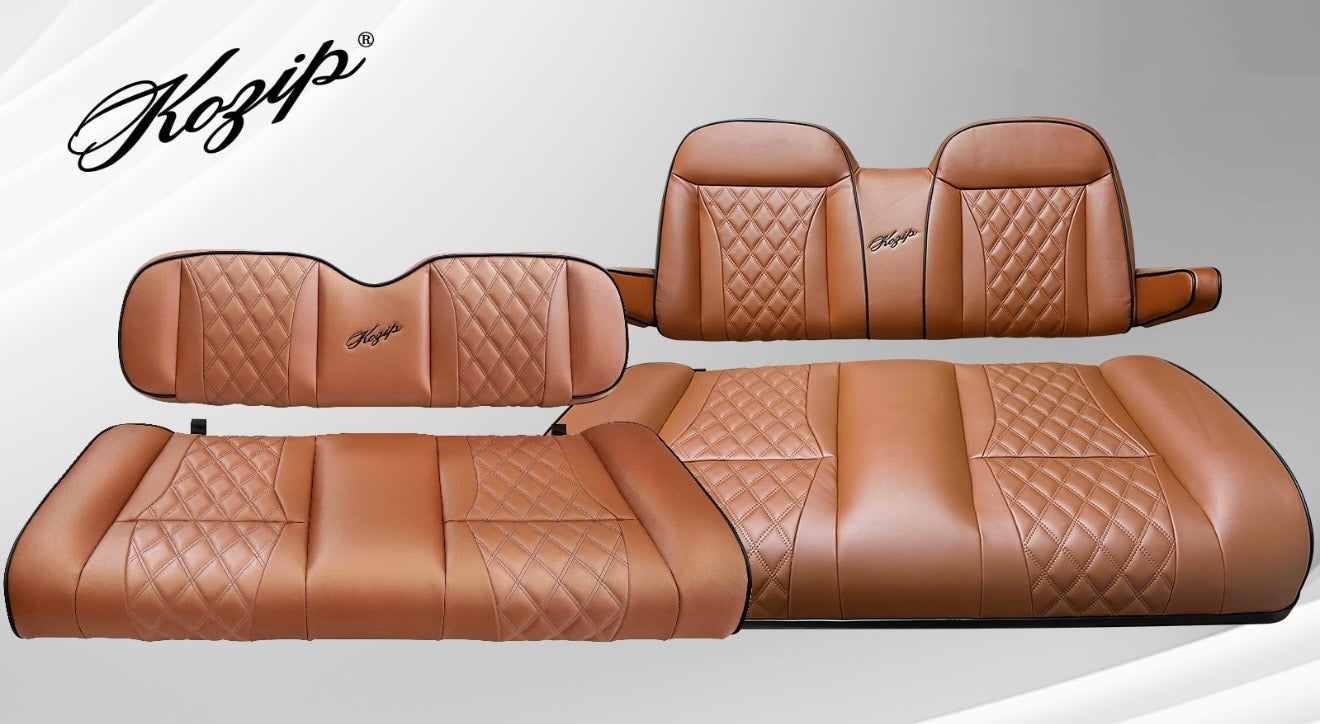 KOZIP (AERIS) FRONT AND REAR SEAT CUSHION SET – BROWN BASE WITH BLACK PIPING – BROWN STITCHING FOR CLUB CAR DS (1982-UP)