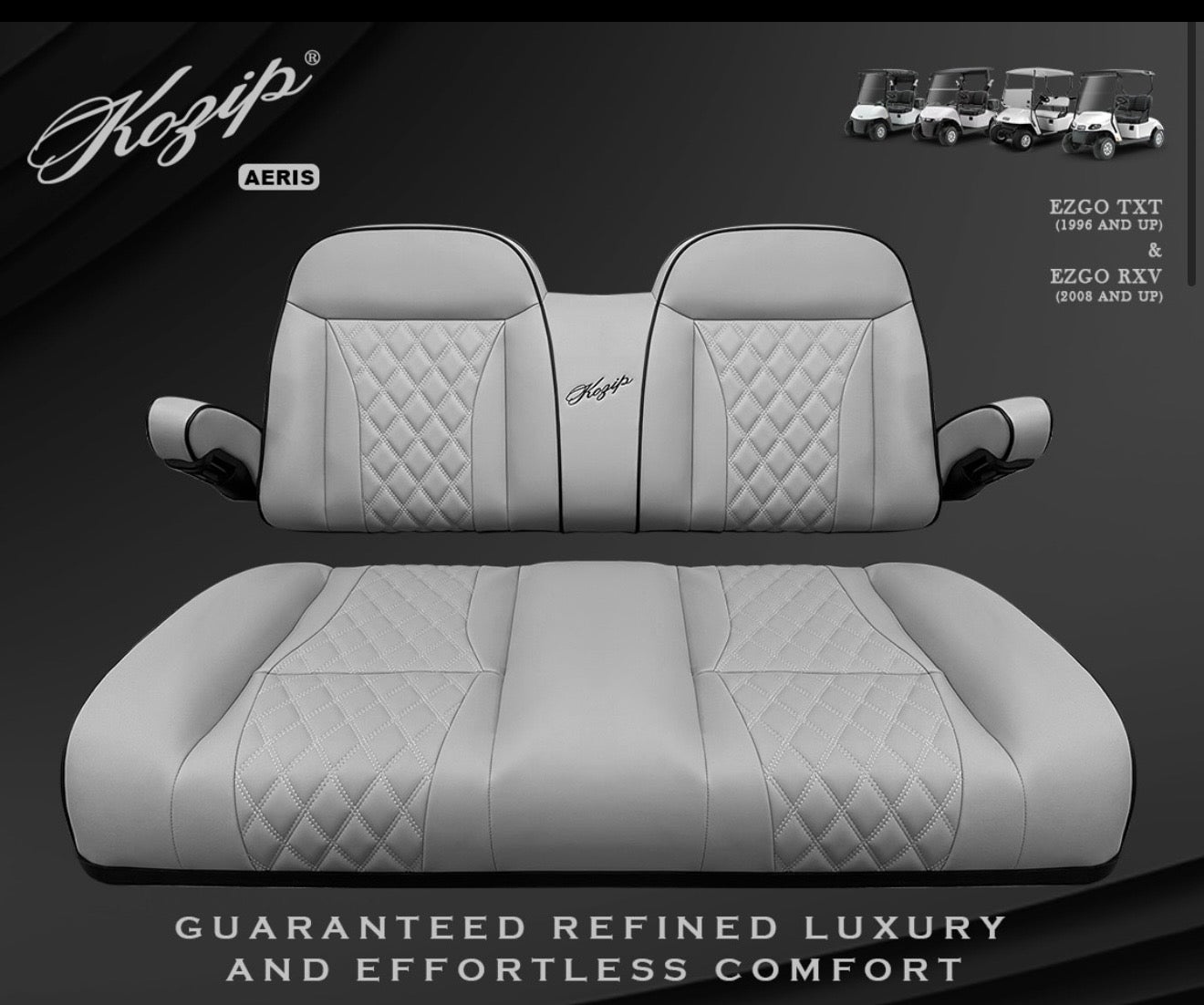 BNDL-SCTR13-SFRX09-SC0034-KOZIP AERIS FRONT AND REAR SEAT CUSHION SET WITH NOMAD SEAT FRAME FOR EZGO RXV/TXT – GRAY BASE WITH BLACK PIPING WITH GRAY STITCHING