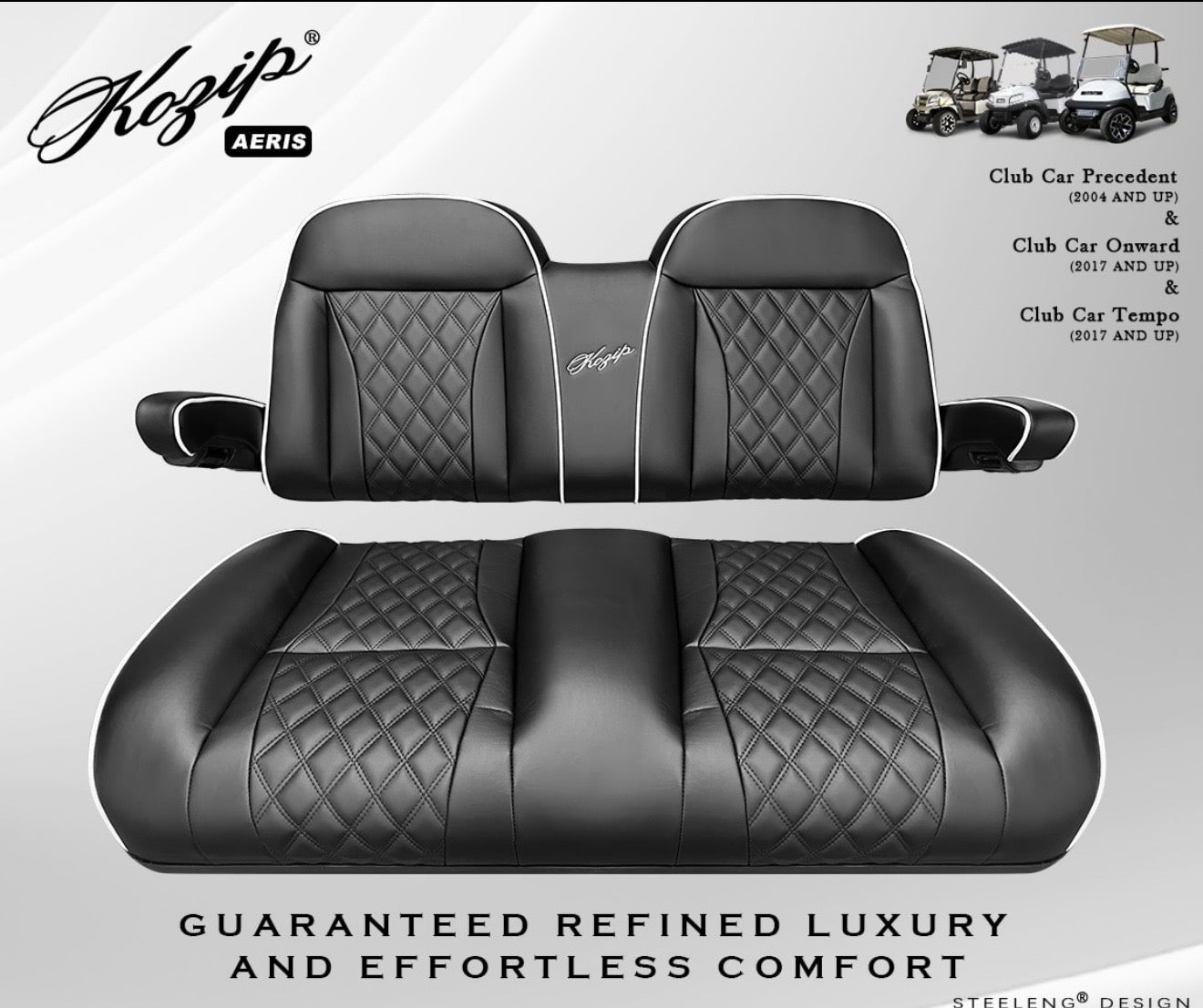 KOZIP AERIS FRONT SEAT CUSHION SET – BLACK BASE WITH WHITE PIPING – BLACK CROSS STITCH FOR CLUB CAR PRECEDENT (2004-2018) / CLUB CAR TEMPO (2018-UP) / CLUB CAR ONWARD (2017-UP)