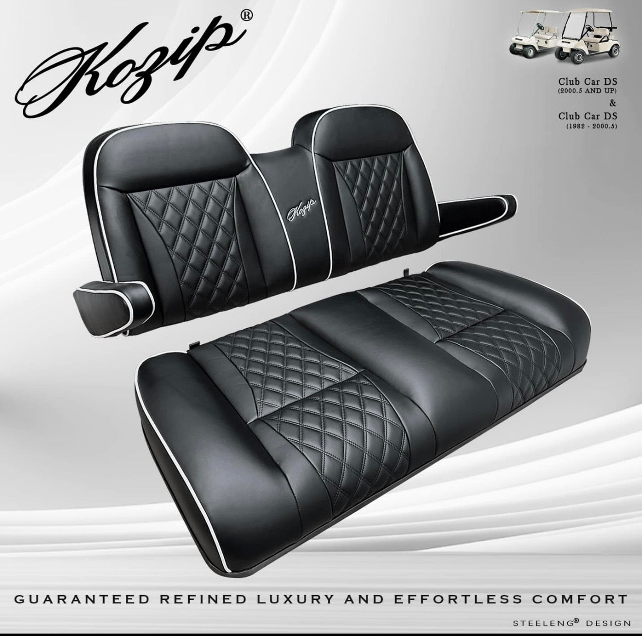 KOZIP AERIS FRONT SEAT CUSHION SET – BLACK BASE WITH WHITE PIPING – BLACK CROSS STITCH FOR CLUB CAR PRECEDENT (2004-2018) / CLUB CAR TEMPO (2018-UP) / CLUB CAR ONWARD (2017-UP)