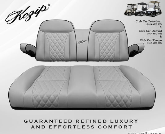 – KOZIP AERIS FRONT SEAT CUSHION SET – GRAY BASE WITH BLACK PIPING – GRAY CROSS STITCH FOR CLUB CAR PRECEDENT (2004-2018) / CLUB CAR TEMPO (2018-UP) / CLUB CAR ONWARD (2017-UP)