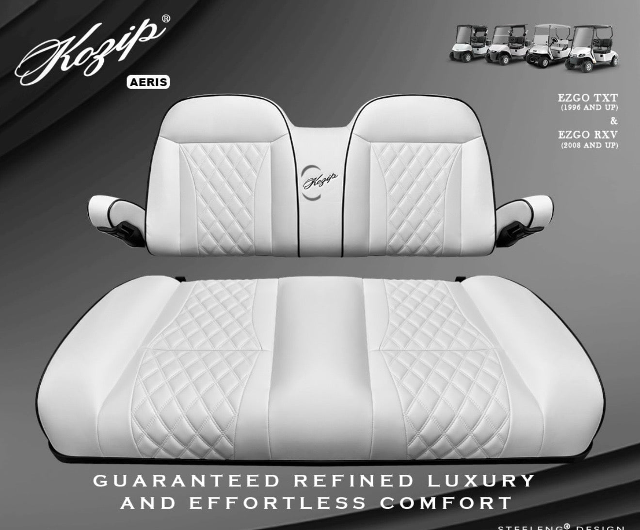 KOZIP (AERIS) FRONT SEAT CUSHION SET – WHITE BASE WITH BLACK PIPING – WHITE CROSS STITCH FOR EZGO RXV/TXT