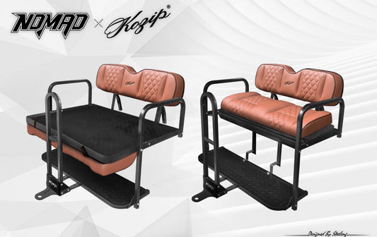 KOZIP (AERIS) FRONT AND REAR SEAT CUSHION SET – BROWN BASE WITH BLACK PIPING – BROWN STITCHING FOR CLUB CAR DS (1982-UP)