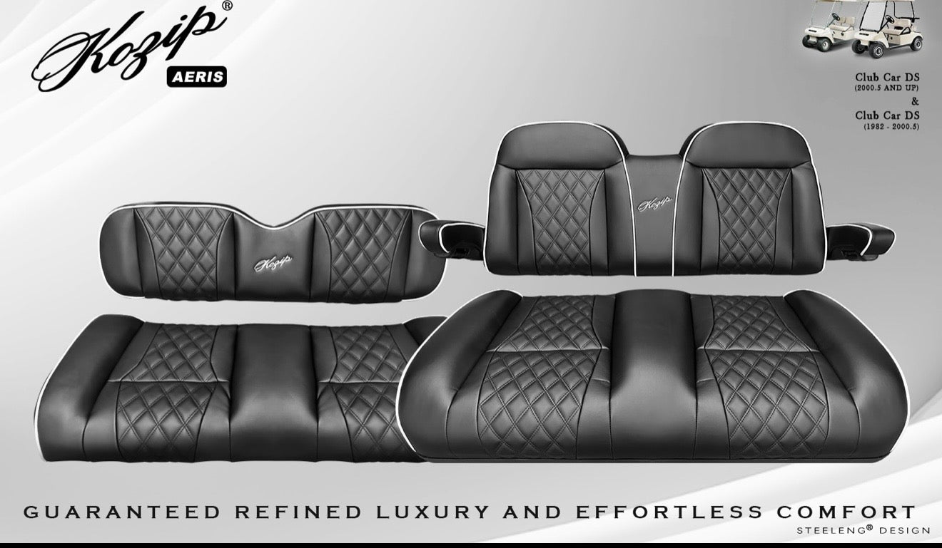 KOZIP (AERIS) FRONT AND REAR SEAT CUSHION SET – BLACK BASE WITH WHITE PIPING – BLACK CROSS STITCH FOR CLUB CAR DS (1982-UP)