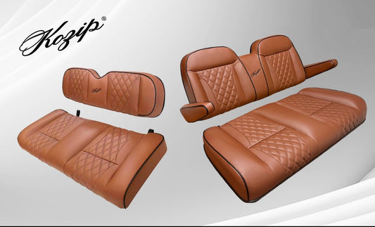 KOZIP AERIS FRONT AND REAR SEAT CUSHION SET FOR CLUB PRECEDENT/TEMPO/ONWARD – BROWN BASE WITH BLACK PIPING – BROWN CROSS STITCH FOR CLUB CAR PRECEDENT (2004-2018) / CLUB CAR TEMPO (2018-UP) / CLUB CAR ONWARD (2017-UP)