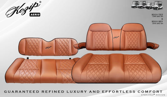 KOZIP (AERIS) 6 SEATER 2 FRONT AND 1 REAR SEAT CUSHION SET – BROWN BASE WITH BLACK PIPING – BROWN CROSS STITCH FOR EZGO RXV/TXT