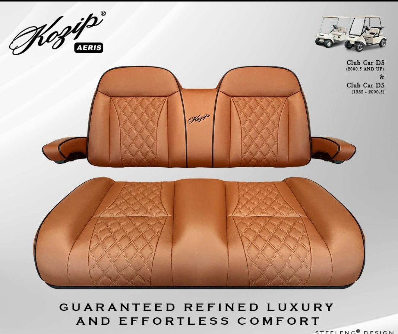 KOZIP (AERIS) FRONT SEAT CUSHION SET – BROWN BASE WITH BLACK PIPING – BROWN CROSS STITCH FOR CLUB CAR DS (1982-UP)