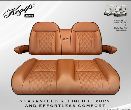 KOZIP (AERIS) FRONT SEAT CUSHION SET – BROWN BASE WITH BLACK PIPING – BROWN CROSS STITCH FOR CLUB CAR DS (1982-UP)