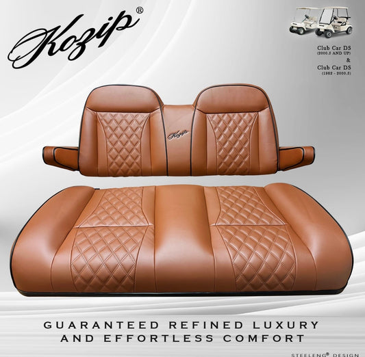 KOZIP AERIS FRONT AND REAR SEAT CUSHION SET – BROWN BASE WITH BLACK PIPING – BROWN CROSS STITCH FOR EZGO RXV/TXT