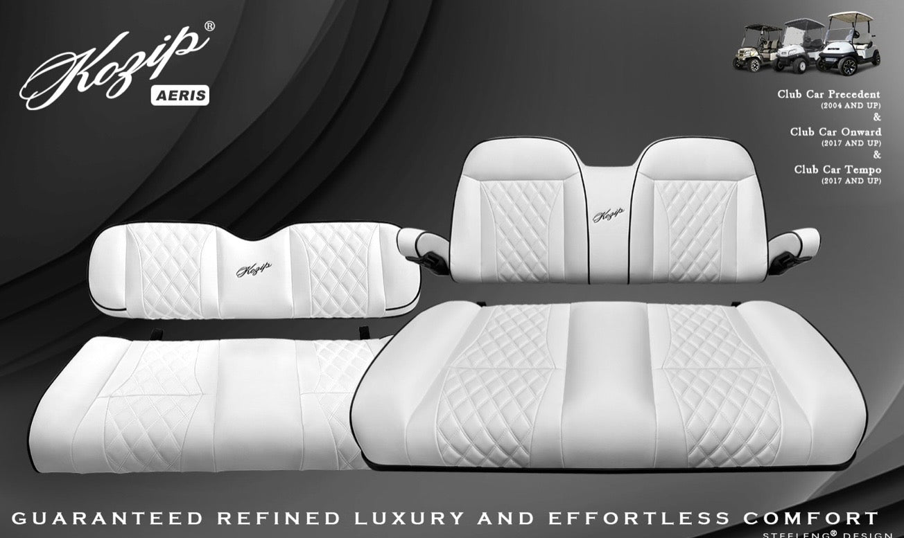 KOZIP (AERIS) FRONT AND REAR SEAT CUSHION SET – WHITE BASE WITH BLACK PIPING – WHITE CROSS STITCH FOR CLUB CAR PRECEDENT (2004-2018) / CLUB CAR TEMPO (2018-UP) / CLUB CAR ONWARD (2017-UP)