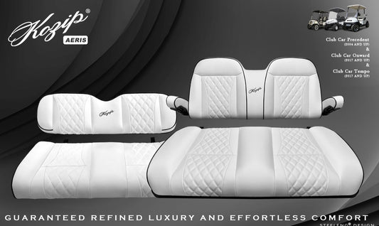 KOZIP (AERIS) FRONT AND REAR SEAT CUSHION SET – WHITE BASE WITH BLACK PIPING – WHITE CROSS STITCH FOR CLUB CAR PRECEDENT (2004-2018) / CLUB CAR TEMPO (2018-UP) / CLUB CAR ONWARD (2017-UP)