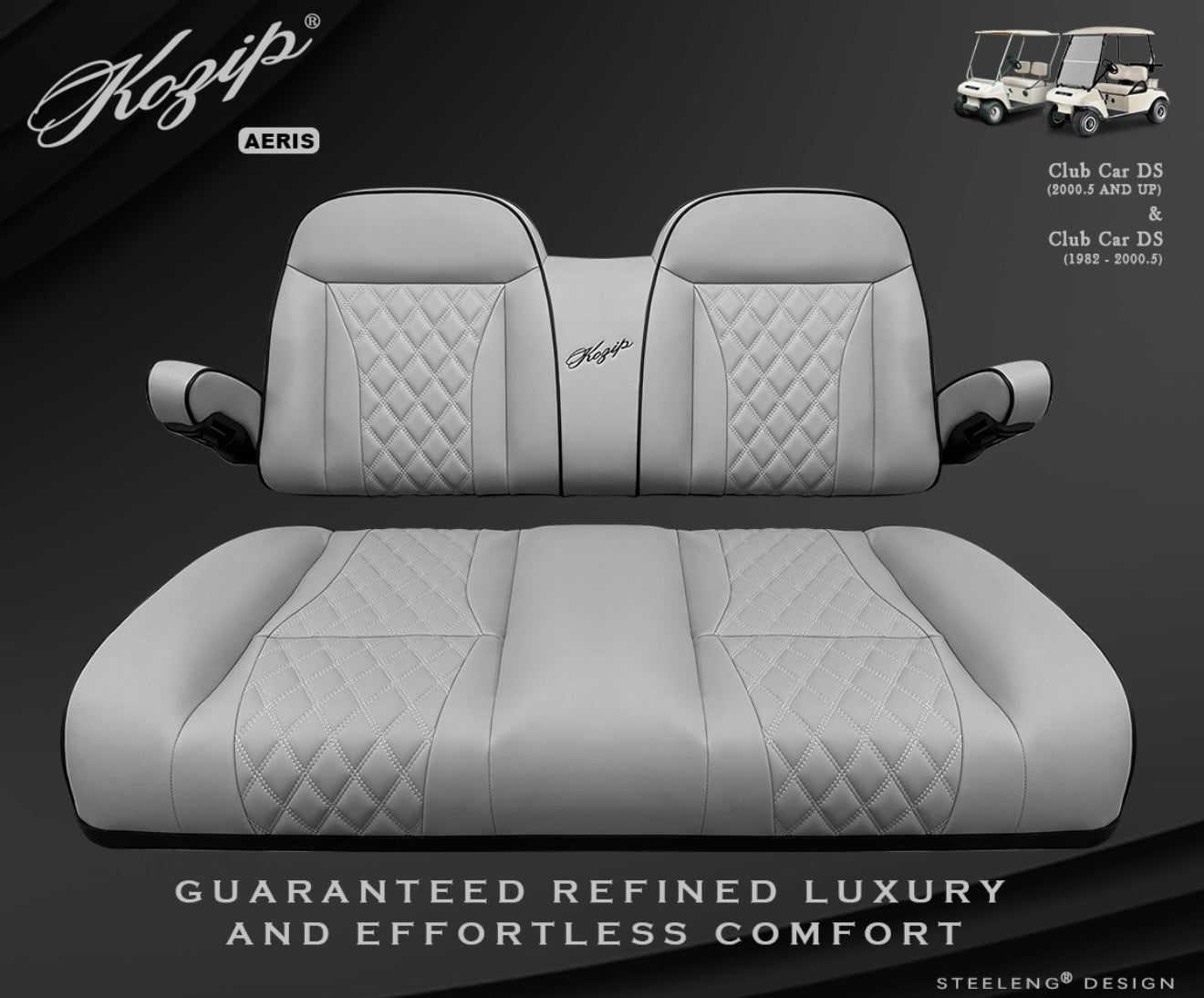 KOZIP (AERIS) FRONT SEAT CUSHION SET – GRAY BASE WITH BLACK PIPING – GRAY CROSS STITCH FOR CLUB CAR DS (1982-UP