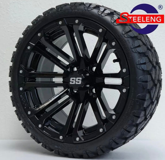 GOLF CART 14" BLACK LANCER WHEELS and 20" STINGER ALL TERRAIN TIRES DOT RATED