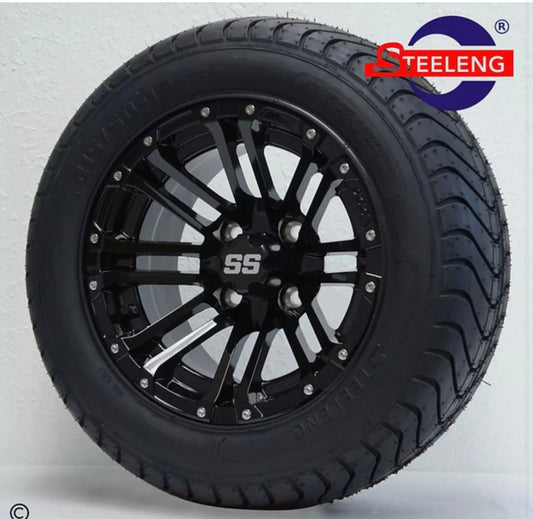 GOLF CART 12" BLACK LANCER WHEELS/RIMS and 215/50-12 COMFORT RIDE DOT TIRES(4)
