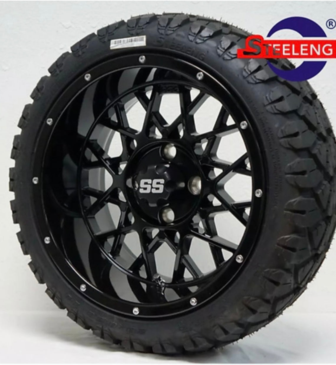 GOLF CART 14" BLACK VENOM WHEELS and 20" STINGER ALL TERRAIN TIRES DOT RATED
