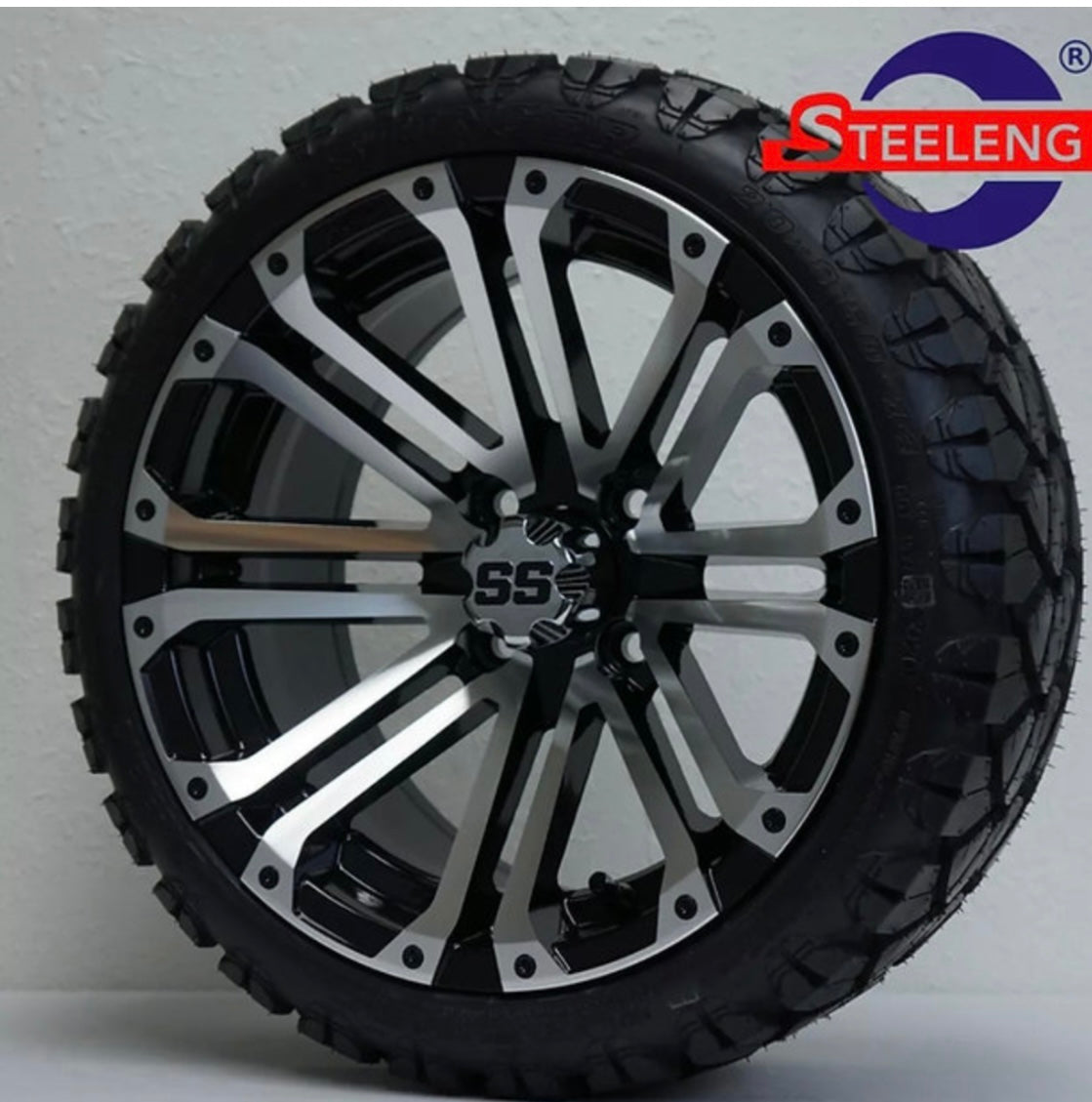 GOLF CART 14" LANCER WHEELS/RIMS and 20" STINGER ALL TERRAIN TIRES DOT RATED