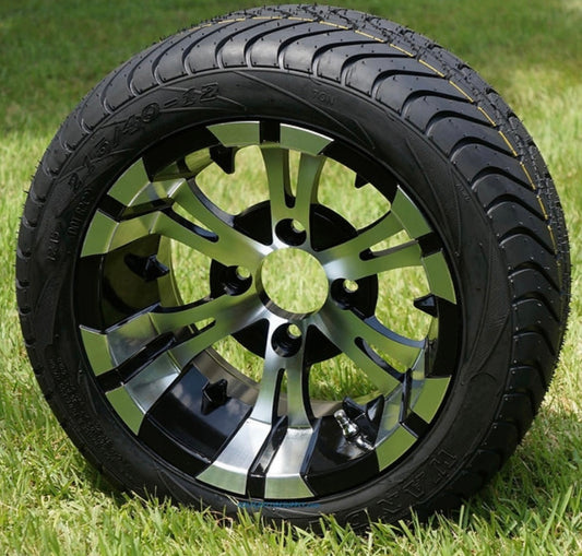 12” alloy and black rims with low profile tires