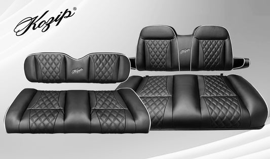 KOZIP AERIS FRONT AND REAR SEAT CUSHION SET – BLACK BASE WITH WHITE PIPING – BLACK CROSS STITCH FOR CLUB CAR PRECEDENT (2004-2018) / CLUB CAR TEMPO (2018-UP) / CLUB CAR ONWARD (2017-UP)