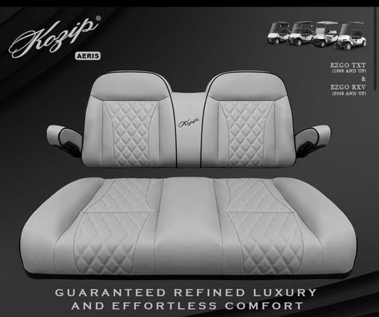 BNDL-SCTR13-SFRX09-SC0034-KOZIP AERIS FRONT AND REAR SEAT CUSHION SET WITH NOMAD SEAT FRAME FOR EZGO RXV/TXT – GRAY BASE WITH BLACK PIPING WITH GRAY STITCHING