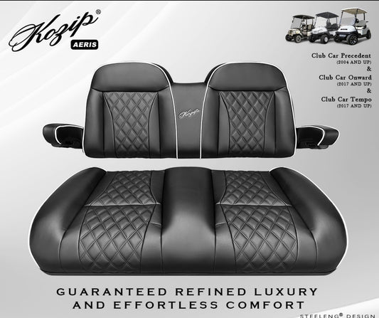 KOZIP AERIS FRONT SEAT CUSHION SET – BLACK BASE WITH WHITE PIPING – BLACK CROSS STITCH FOR CLUB CAR PRECEDENT (2004-2018) / CLUB CAR TEMPO (2018-UP) / CLUB CAR ONWARD (2017-UP)