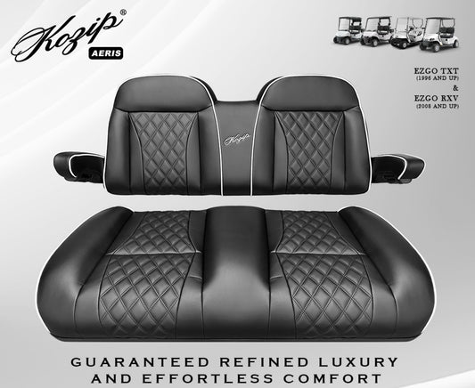 KOZIP AERIS FRONT SEAT CUSHION SET – BLACK BASE WITH WHITE PIPING – BLACK CROSS STITCH FOR EZGO RXV/TXT
