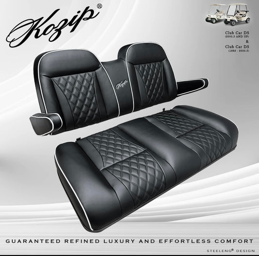 KOZIP AERIS FRONT SEAT CUSHION SET – BLACK BASE WITH WHITE PIPING – BLACK CROSS STITCH FOR CLUB CAR PRECEDENT (2004-2018) / CLUB CAR TEMPO (2018-UP) / CLUB CAR ONWARD (2017-UP)
