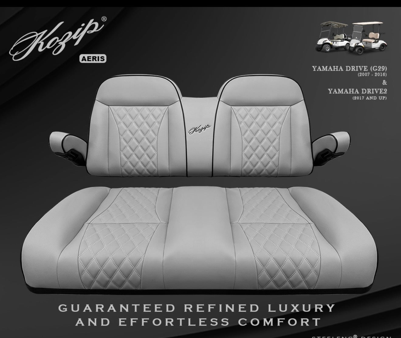 KOZIP AERIS FRONT SEAT CUSHION SET – GRAY BASE WITH BLACK PIPING – GRAY CROSS STITCH FOR YAMAHA G29 (DRIVE)(2007-UP) / DRIVE 2 (2016-UP)