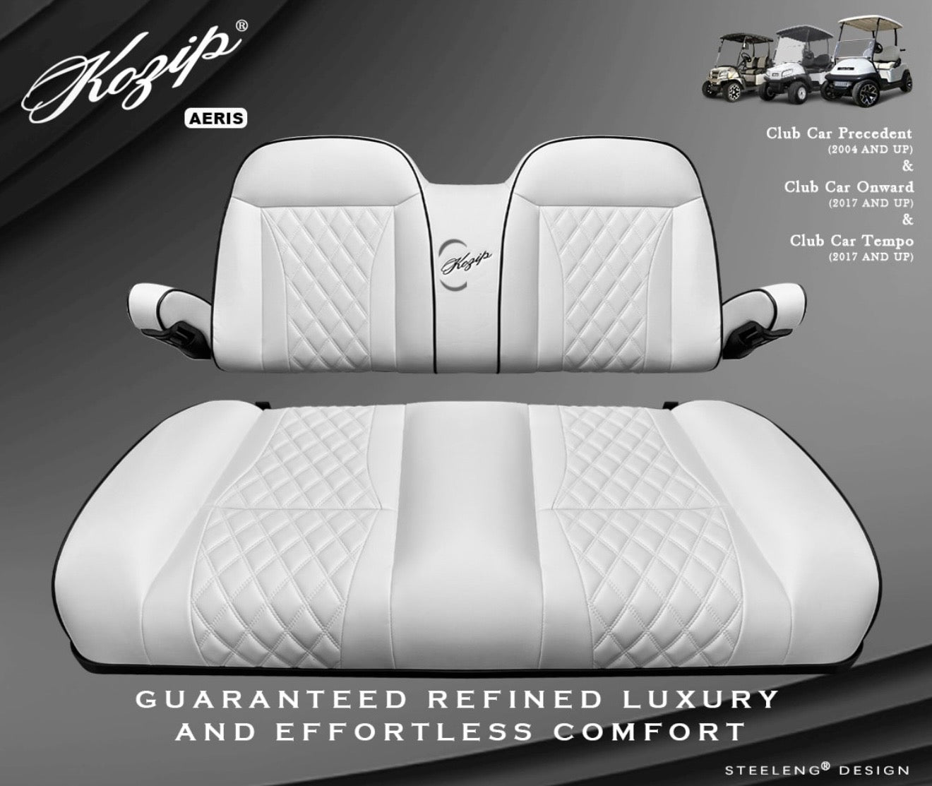 KOZIP (AERIS) FRONT SEAT CUSHION SET – WHITE BASE WITH BLACK PIPING – WHITE CROSS STITCH FOR CLUB CAR PRECEDENT (2004-2018) / CLUB CAR TEMPO (2018-UP) / CLUB CAR ONWARD (2017-UP)