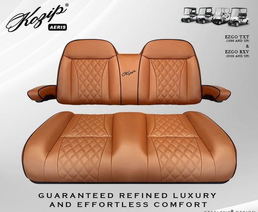 KOZIP AERIS FRONT SEAT CUSHION SET – BROWN BASE WITH BLACK PIPING – BROWN CROSS STITCH FOR EZGO RXV/TXT
