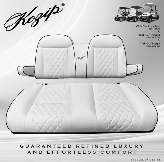 KOZIP AERIS FRONT SEAT CUSHION SET – WHITE BASE WITH BLACK PIPING – WHITE CROSS STITCH FOR CLUB CAR PRECEDENT (2004-2018) / CLUB CAR TEMPO (2018-UP) / CLUB CAR ONWARD (2017-UP)