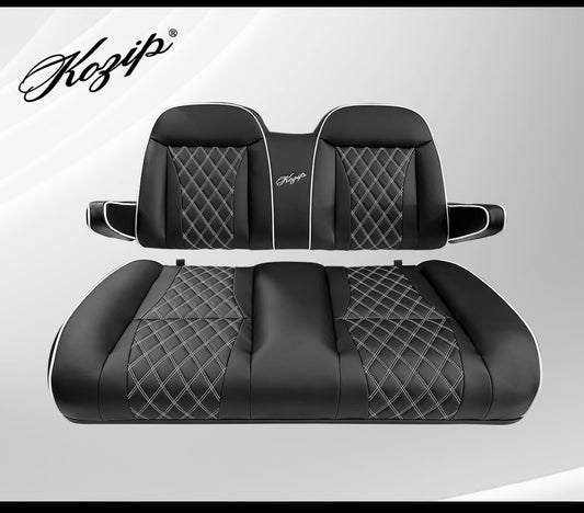 KOZIP AERIS (CONTRAST VERSION) FRONT SEAT CUSHION SET – BLACK BASE WITH WHITE PIPING – WHITE CROSS STITCH FOR EZGO RXV (1996-UP)