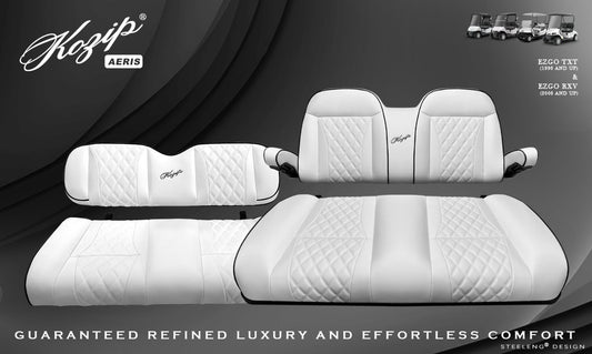 KOZIP (AERIS) FRONT AND REAR SEAT CUSHION SET – WHITE BASE WITH BLACK PIPING – WHITE CROSS STITCH FOR EZGO RXV/TXT