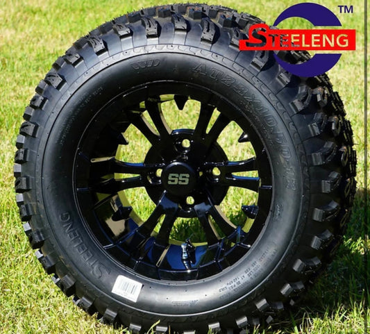GOLF CART 12" Black VAMPIRE WHEELS / RIMS and 23" All Terrain TIRES (SET OF 4)