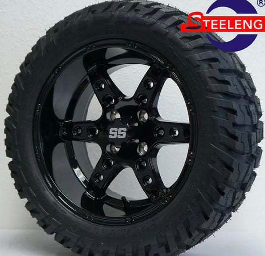 GOLF CART 14" BLACK TURBINE WHEELS/RIMS and 22" 'GATOR' ALL TERRAIN DOT TIRES